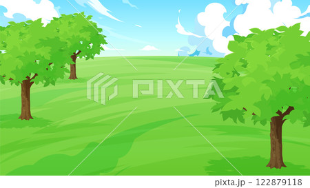 木のある芝生の公園の背景イラスト_16:9 122879118
