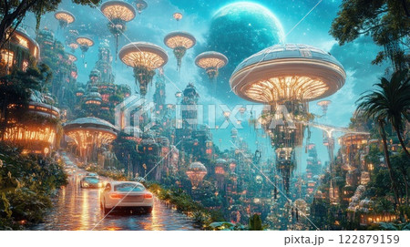 Futuristic cityscape with floating structures and lush greenery under a glowing blue moon at twilight Futuristic cityscape with floating structures and lush greenery under a glowing blue moon at twilight 122879159