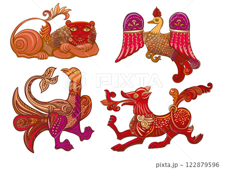 Byzantine traditional historical motifs of animals and birds Byzantine traditional historical motifs of animals and birds 122879596