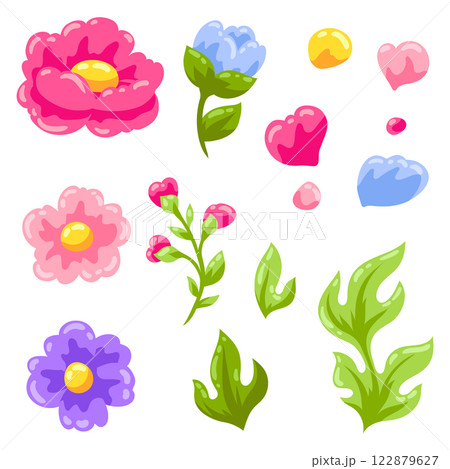 Set of pretty flowers. Beautiful decorative natural plants and leaves. 122879627