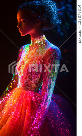 Futuristic Holographic Dress. Digital Fashion with Dynamic Light Effects Futuristic Holographic Dress. Digital Fashion with Dynamic Light Effects 122879814