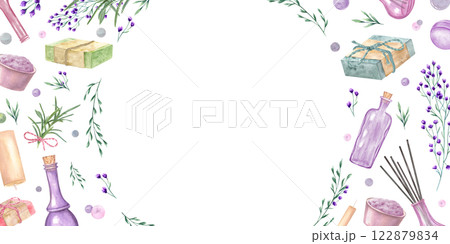 Watercolor fragrance organic herbal elements. Candle, bowl with salt, wildflowers, herbs, bottle, soap bars, bath bomb frame with empty space for text. Spa border illustration for greeting cards 122879834