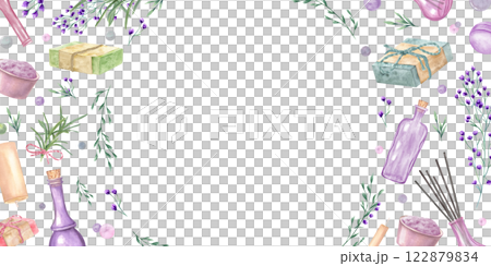Watercolor fragrance organic herbal elements. Candle, bowl with salt, wildflowers, herbs, bottle, soap bars, bath bomb frame with empty space for text. Spa border illustration for greeting cards 122879834