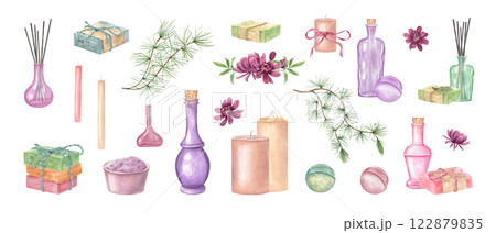 Watercolor spa accessories for aromatherapy, relaxation procedure. Candle, bowl with salt, flowers, herbs, bottle, soap bars, bath bomb and green foliage clip art illustration for package design 122879835