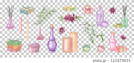 Watercolor spa accessories for aromatherapy, relaxation procedure. Candle, bowl with salt, flowers, herbs, bottle, soap bars, bath bomb and green foliage clip art illustration for package design 122879835