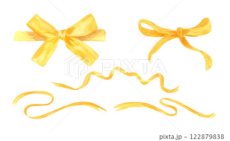 Watercolor decorative yellow satin bows with long swirl ribbons set illustration. Textile holiday accessories clip art for Christmas gifts, birthday cards, invitation decor. Top view Watercolor decorative yellow satin bows with long swirl ribbons set illustration. Textile holiday accessories clip art for Christmas gifts, birthday cards, invitation decor. Top view 122879838