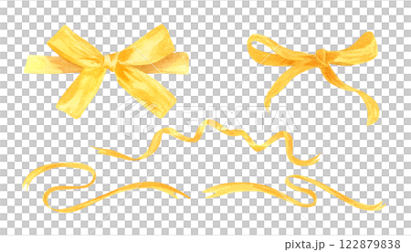 Watercolor decorative yellow satin bows with long swirl ribbons set illustration. Textile holiday accessories clip art for Christmas gifts, birthday cards, invitation decor. Top view Watercolor decorative yellow satin bows with long swirl ribbons set illustration. Textile holiday accessories clip art for Christmas gifts, birthday cards, invitation decor. Top view 122879838