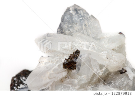 Macro mineral stone Drusus quartz with sphalerite in the rock a white background 122879918