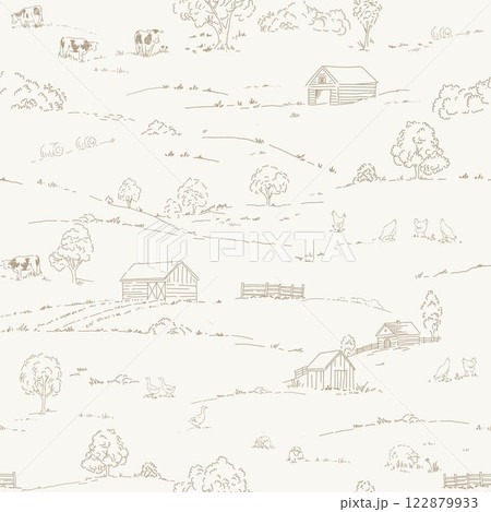 Vintage Landscape vector seamless pattern. Stock hand drawn Illustration. Toile de Jouy design featuring picturesque countryside views. Vintage Landscape vector seamless pattern. Stock hand drawn Illustration. Toile de Jouy design featuring picturesque countryside views. 122879933