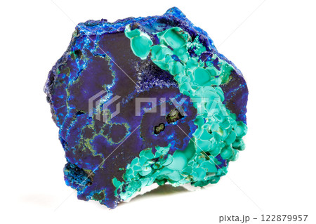 Macro mineral stone malachite with azurite on white background Macro mineral stone malachite with azurite on white background 122879957