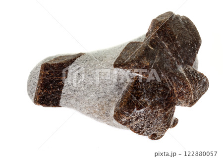 macro mineral stone Staurolite on a white background 122880057