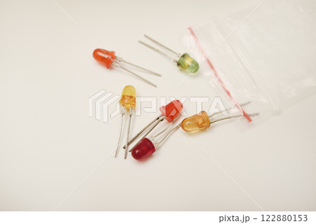 Multi-colored LEDs. Old LEDs on a white background. Multi-colored LEDs. Old LEDs on a white background. 122880153