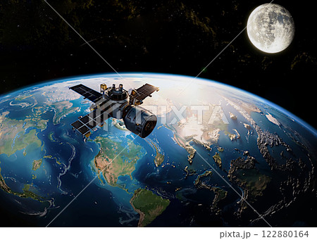 In space, in orbit around the earth. From the spaceship there is a beautiful view of the beautiful planet Earth, with its satellite, the planet Moon, on the right. In space, in orbit around the earth. From the spaceship there is a beautiful view of the beautiful planet Earth, with its satellite, the planet Moon, on the right. 122880164