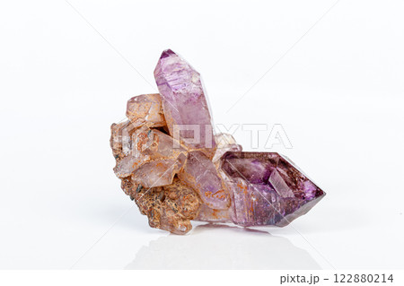 macro mineral stone Amethyst on smoky quartz on a white background macro mineral stone Amethyst on smoky quartz on a white background 122880214