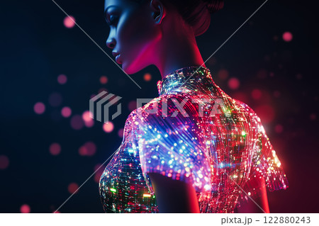Futuristic Holographic Dress. Digital Fashion with Dynamic Light Effects Futuristic Holographic Dress. Digital Fashion with Dynamic Light Effects 122880243