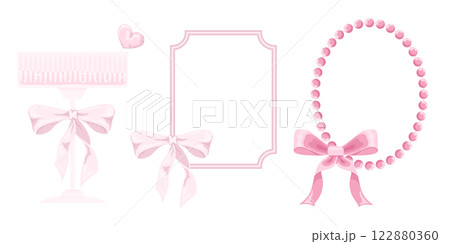 Vector Illustration of pink girly vintage frame and bow set. Pink Champagne Glass. Ribbons isolated. Trendy girls accessories. Cute hairstyle elements collection 122880360