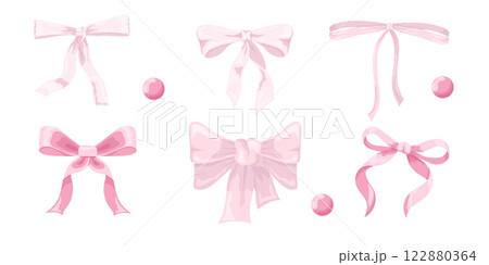 Vector Illustration of 6 pink girly vintage bow set. Bow for hair decor flat. Ribbons isolated. Trendy girls accessories. Cute hairstyle elements collection 122880364