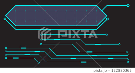 HUD digital futuristic user interface horizontal frame. Sci Fi high tech screen. Cyberpunk game menu touching monitoring hologram dashboard panel. Cyberspace head-up display information vector border 122880365