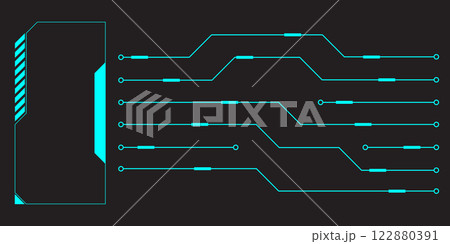 HUD digital futuristic user interface horizontal frame. Sci Fi high tech screen. Cyberpunk game menu touching monitoring hologram dashboard panel. Cyberspace head-up display information vector border 122880391