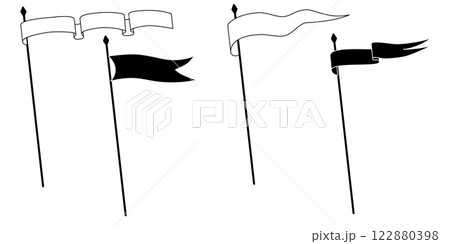 Retro pennant flags, banner pendants and waving blank signs on flagpoles, vector icon. Sport camp or university and varsity royal club pennant flags in white and black line outline or silhouettes 122880398