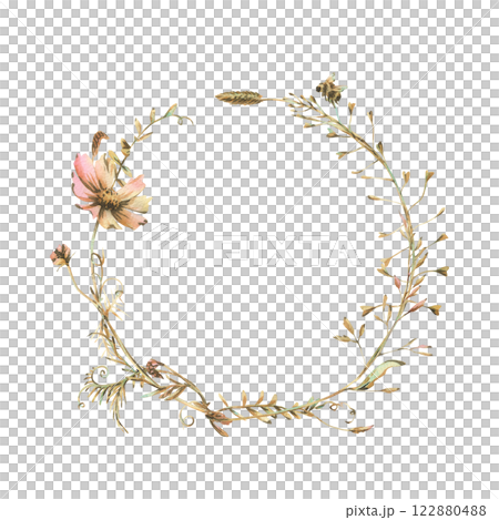 Field, meadow, wild flowers and herbs cosmos and other. Watercolor illustration hand drawn in beige, brown and ocher colors. Circle wreath frame isolated from background 122880488