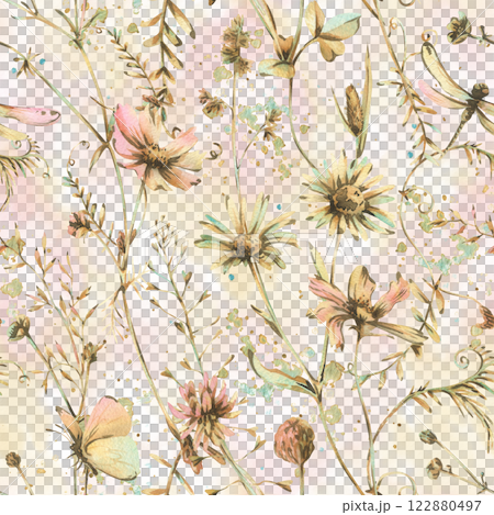 Field, meadow, wild flowers and herbs cosmos, chamomile, clover and insects. Watercolor illustration hand drawn in beige, brown and ocher colors. Seamless pattern on a beige washes background 122880497