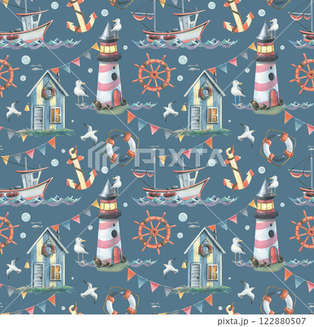 Sea lighthouse with fishing boat and cabin, ship steering wheel, lifebuoy, anchor with flying seagulls and bubbles on water and shore. Hand drawn watercolor illustration. Seamless pattern. 122880507