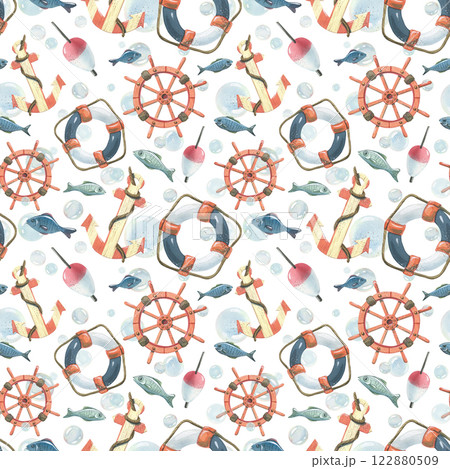 Anchor, ship's wheel, lifebuoy, fishing float with fish and bubbles. Watercolor hand-drawn illustration. Seamless pattern, endlessly repeating ornament, on a white background 122880509