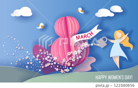 8 March Happy women's day. Woman waters flower with can in shape of number eight 122880656