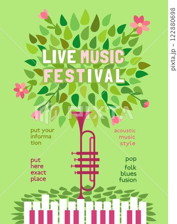 Live Music Festival design vector poster template. Piano keyboard, trumpet, blooming tree hand-drawn cartoon illustration. Spring Vibes Musical Fest performance, outdoor event celebration background 122880698