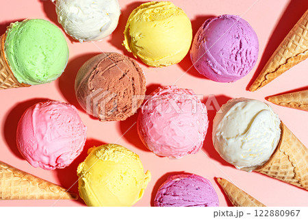 Ice Cream Scoops on pink background 122880967