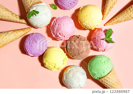 Ice Cream Scoops on pink background 122880987