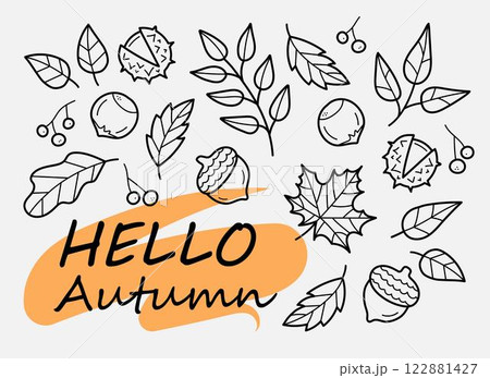 Hello Autumn. Autumn harvest symbols. Set of autumn elements: leaves, berries, fruits, vegetables, mushrooms, acorns. Hand-drawn, sketch. Vector illustration. Doodle style. Hello Autumn. Autumn harvest symbols. Set of autumn elements: leaves, berries, fruits, vegetables, mushrooms, acorns. Hand-drawn, sketch. Vector illustration. Doodle style. 122881427