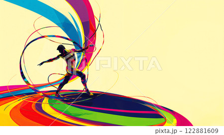 Male rhythmic gymnastics. Gymnast man with gymnastic ribbons with place for text (drawing, paint strokes). Rhythmic gymnastics for men Male rhythmic gymnastics. Gymnast man with gymnastic ribbons with place for text (drawing, paint strokes). Rhythmic gymnastics for men 122881609