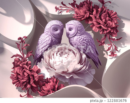 Romantic Owl Couple with Floral Elegance Dreamy Nature Art Background 122881676
