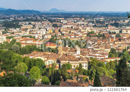 Panoramic view of the Bergamo Lower City seen from Upper City, Italy, Europe. 122881764
