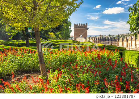 Alhambra complex in Granada town, Andalusia, Spain. Vibrant flowers bloom in a meticulously manicured garden, with a historic stone wall and tower in the background. A sunny day. 122881787