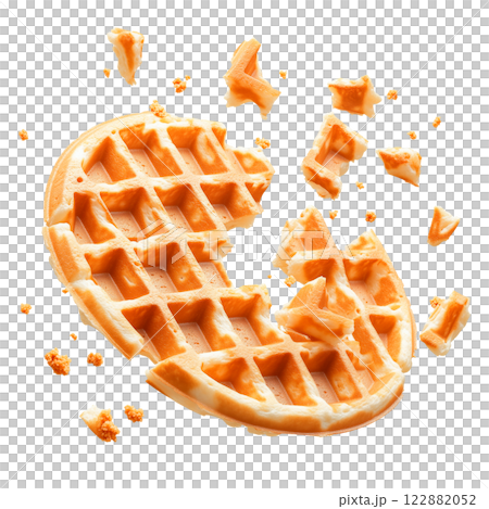 A golden waffle with a bitten piece and crumbs isolated on a transparent background. Crispy and appetizing breakfast food 122882052