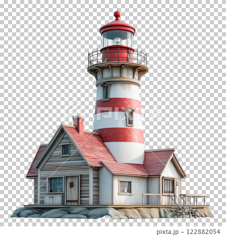 Red and white striped lighthouse on a rocky island with green grass, isolated on a transparent background. A maritime navigational structure, ideal for coastal and nautical themes. 122882054
