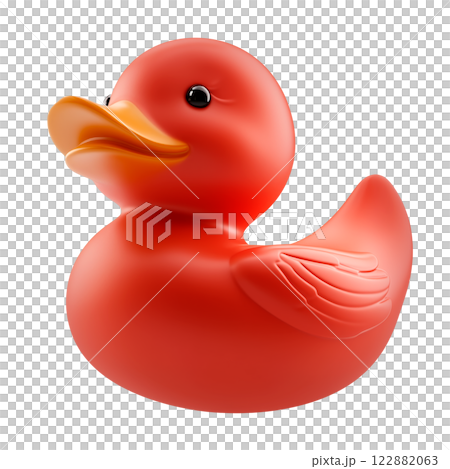 Red rubber duck isolated on a transparent background. Toy duck with a yellow beak, bath toy for children, plastic object for water play, isolated design element. 122882063