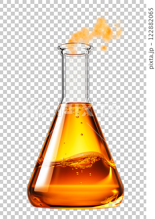 Transparent glass flask filled with orange liquid, emitting orange vapor, isolated on a white background. Suitable for science, chemistry, and laboratory visuals. 122882065