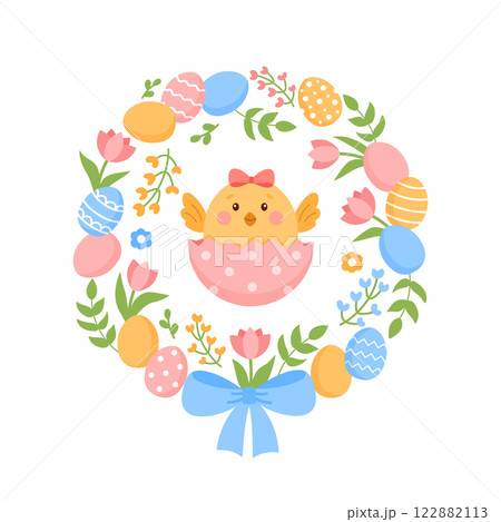Floral easater wreath with cute chicken. 122882113