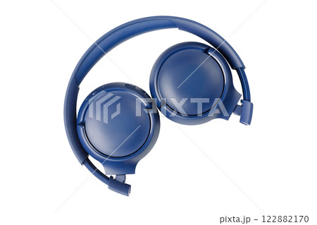 Blue headphones folded on white background. Blue headphones folded on white background. 122882170