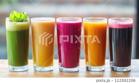 five tall glasses filled with colorful fresh juices 122882206