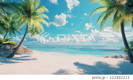 tropical beach scene with soft white sand, crystal-clear turquoise waters, swaying palm trees tropical beach scene with soft white sand, crystal-clear turquoise waters, swaying palm trees 122882211