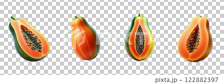 Papaya, side and top view isolated on transparent background, PNG file. Ideal for mockup templates or educational designs. Papaya, side and top view isolated on transparent background, PNG file. Ideal for mockup templates or educational designs. 122882397