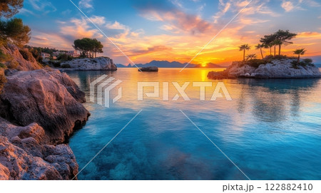 a breathtaking sunset over calm waters, with rocky islands and lush trees reflecting the golden hues of the setting sun 122882410