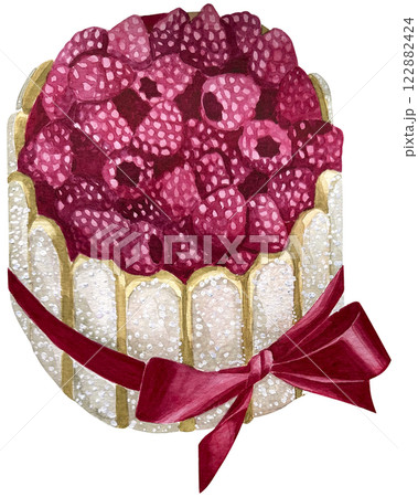Watercolor illustration raspberry cake with a pink ribbon, element design great for cards, banners, headers, party posters or decorate your artwork. 122882424