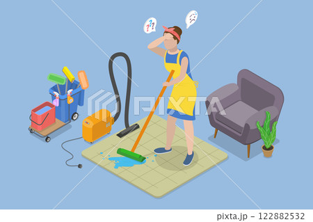 3D Isometric Flat Vector Illustration of Sad Housewife, Thinking Cleaner with Question Mark 3D Isometric Flat Vector Illustration of Sad Housewife, Thinking Cleaner with Question Mark 122882532