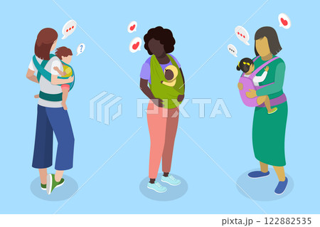 3D Isometric Flat Vector Illustration of Mothers Caring Childs in Baby Sling, Motherhood and Parenting 122882535
